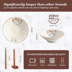 NJCHARMS Ceramic Japanese Ramen Noodle Soup Bowl, 2 Sets (6 Piece) 42 Ounce, with Matching Spoon and Chopsticks for Udon Soba Pho Asian Noodles (8 inch, Beige)