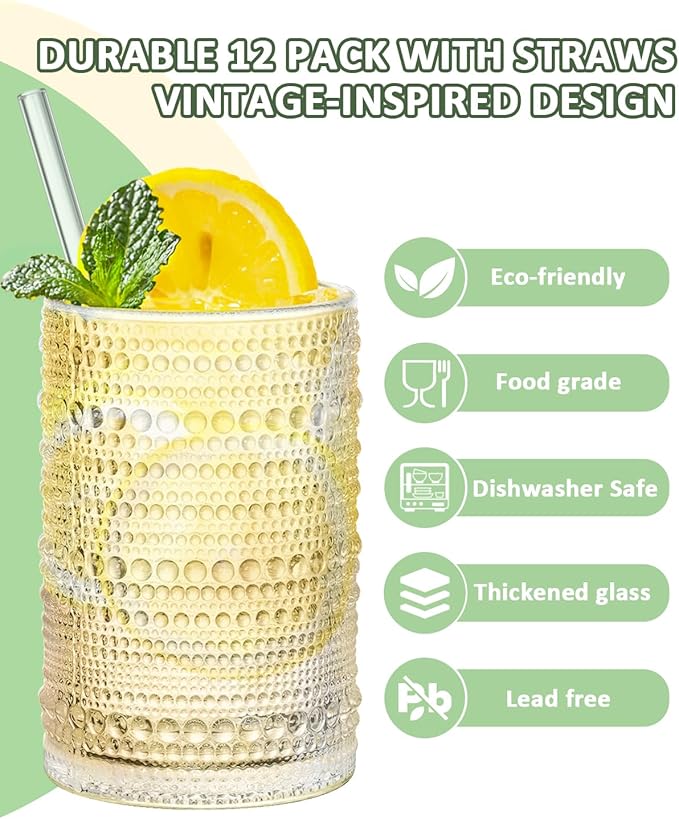 Large Capacity Glasses Drinking Set of 12, 15 oz Vintage Glassware Hobnail Glass Cups sets for Kitchen, Embossed Cocktail Glasses Set with Straws, for Beer, Juice, Cocktail, Whiskey, Milk