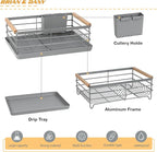 BRIAN & DANY Dish Drying Rack, Dish Racks for Kitchen Counter, Stainless Steel Dish Drainer with Removable Cutlery Holder & Drainboard, Grey