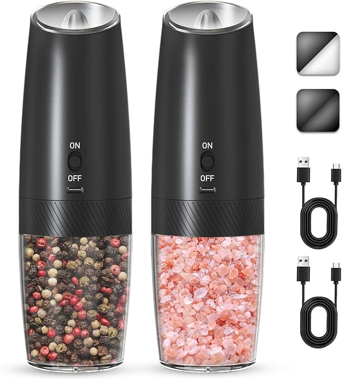 Rechargeable Electric Salt and Pepper Grinder Set, Gravity Activated, Adjustable Coarseness, LED Light, USB Charging, Ceramic Core, 150ml Transparent Hopper, Black