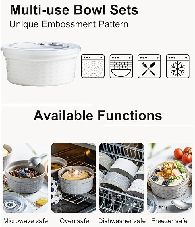 Ramekins 12 oz with Lids Oven Safe, Creme Brulee Ramekins with Covers, Ceramic Small Baking Dishes Set of 4, Souffle Dishes Bowls - Microwave and Dishwasher Safe, White Cloud