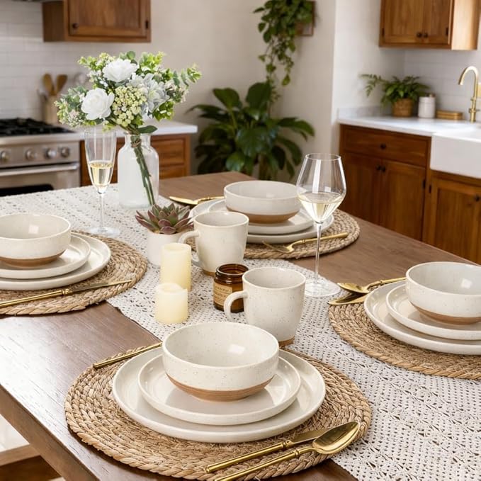 GBHOME 24-Piece Ceramic Dinnerware Set for 6, Handpainted Plates, Pasta Bowls & Bowls Set with Rustic Terracotta Underside, Scratch-Resistant, Dishwasher & Microwave Safe,Speckled Glaze Beige