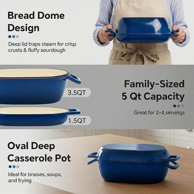 Enameled Cast Iron Oval Dutch Oven for Bread Baking，12"x8" Bread Pot with Lid，Ideal for Sourdough, Artisan Loaves & Family Meals，5 Qt