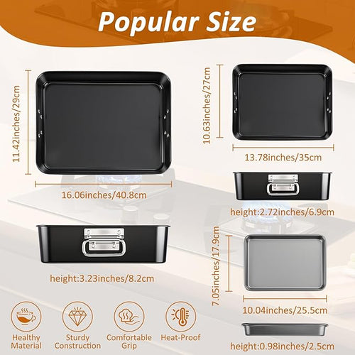 4 Pcs Deep Lasagna Baking Pan for Oven, 16/13.8/10 Inch Baking Dishes for Oven, Roasting Pans with Stainless Steel Handles, Heavy Duty Bakeware for Cake and Brownie