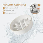Havniva Ceramic 1.2 Cup Dog Raised Slow Feeder Set, Elevated Bowl with Wooden Stand for Medium and Small Dog, 7.3inch Slow Feeder Dish for Fast Easters(Single Bowl+ Stand, Reactived Glaze -White)