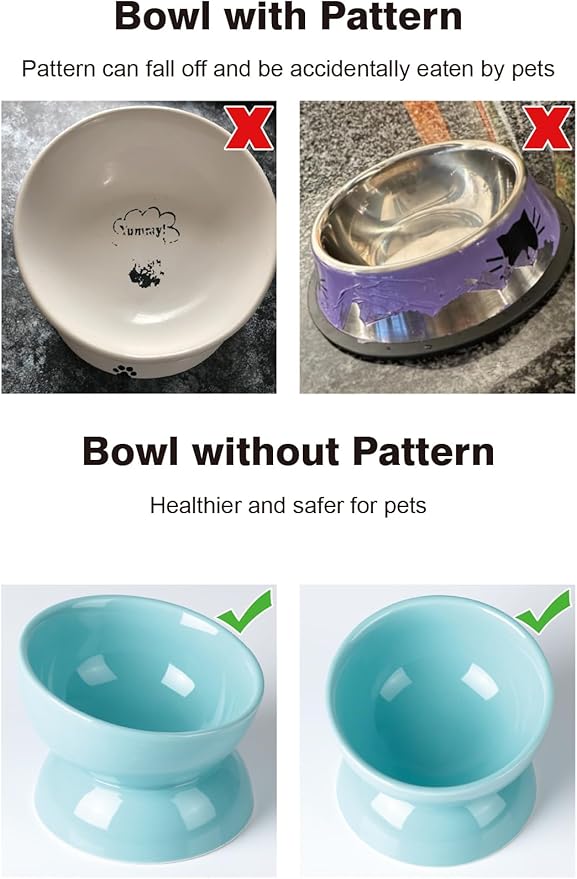 ABRUTY Cat Water Bowl, 16 OZ Ceramic Elevated Cat Bowls, 15° Tilted and Raised Pet Food Dish, Anti Vomiting Protect Pets' Spines and Whisker Fatigue, Set of 2, Turquoise