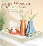 SXNOWS Ottoman Tray for Coffee Table & Couch, Large Wooden Serving Tray with 2 Set of Handles - Modern Farmhouse Rectangle Decorative Tray for Living Room Kitchen Includes 4 Coasters, Off-White/Cream