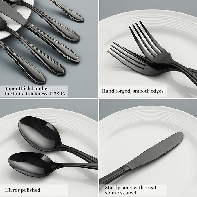 Black Silverware Set, 20-Piece Stainless Steel Flatware for 4, Heavy-Duty 18/0 Stainless Steel Utensils,Mirror Polished Dishwasher Safe for Home & Kitchen Dining