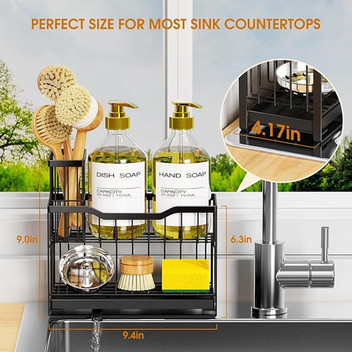 2-Tier Rustproof Kitchen Sink Caddy with Self-Draining Tray, Dish Brush & Sponge Holder, Non-Slip Base - Black