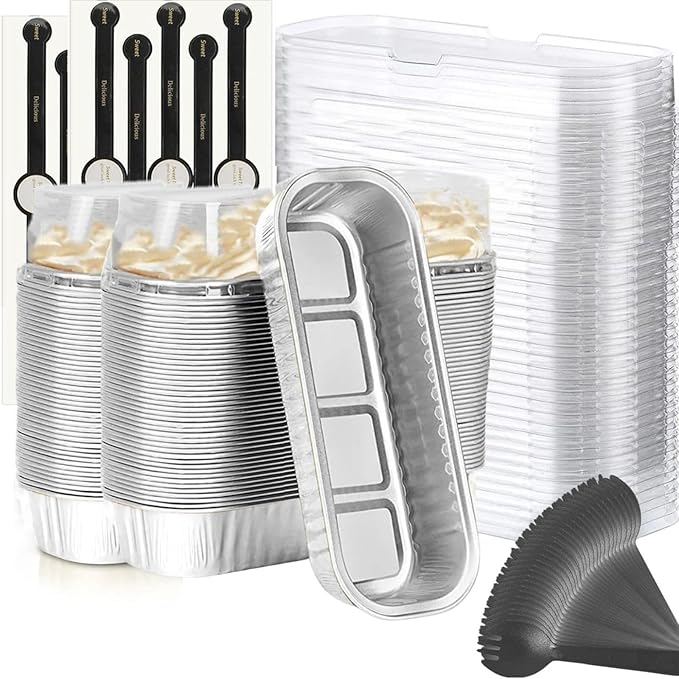 Mini Loaf Baking Pans with Lids And Spoons (100 Pack, 6.8oz) Rectangle Aluminum Foil Baking Pans Tins Containers - Cupcake Containers Wrappers Cheesecake Creme Brulee Ramekins