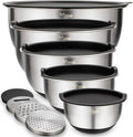 Wildone Mixing Bowls with Airtight Lids Set, 5PCS Stainless Steel Nesting Bowls for Kitchen, with Grater Attachments & Non-Slip Bottoms, Size 5, 3, 2, 1.5, 0.63 QT, Great for Mixing & Serving