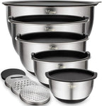 Wildone Mixing Bowls with Airtight Lids Set, 5PCS Stainless Steel Nesting Bowls for Kitchen, with Grater Attachments & Non-Slip Bottoms, Size 5, 3, 2, 1.5, 0.63 QT, Great for Mixing & Serving