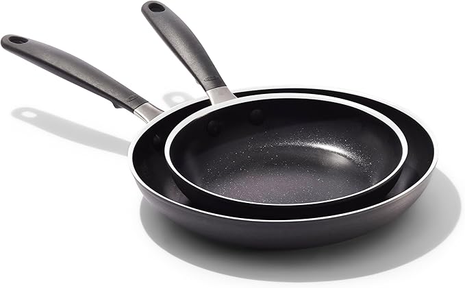 OXO Non-Stick Every Day Frying Pan Set, BPA-Free Comfort Grip Silicone Handles, Dishwasher & Oven Safe, PFAS-Free Ceramic Skillets, Black, 8” & 10”