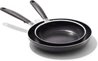 OXO Non-Stick Every Day Frying Pan Set, BPA-Free Comfort Grip Silicone Handles, Dishwasher & Oven Safe, PFAS-Free Ceramic Skillets, Black, 8” & 10”