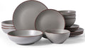 Famiware Venus Speckled Dinnerware Set with Pasta Bowls for 4 (16 Pieces), Stoneware Plates and Double Bowls, Matte Dark Gray - Microwave & Dishwasher Safe Dishes with Trim for Everyday & Formal Use