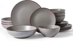 Famiware Venus Speckled Dinnerware Set with Pasta Bowls for 4 (16 Pieces), Stoneware Plates and Double Bowls, Matte Dark Gray - Microwave & Dishwasher Safe Dishes with Trim for Everyday & Formal Use