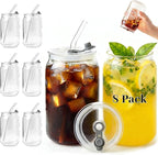 Leakproof Glass Cups with Plastic Lids and Straws, 16oz Iced Coffee Cup, Drinking Glasses Tumbler for Water, Boba Tea, Smoothie - 8pcs