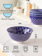 Metahom Ceramic Cereal Bowls, 23 Oz Blue and White Bowls, Porcelain Soup Bowl Set for Salad, Dessert, Pasta, Ice Cream,Set of 6