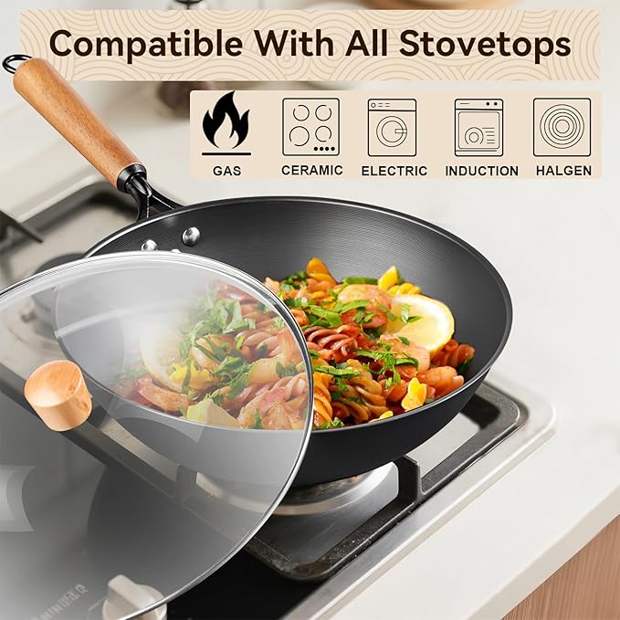 Carbon Steel Wok with Lid, 12.6" Flat Bottom Stir Fry Pan, Rolled Edge Spun Steel Wok, Coating-Free Wok for Induction, Gas & Electric Cooktops
