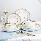 Pokini Marble Gold Rim Dinnerware Sets, Porcelain Plates and Bowls Sets, Modern Luxury Dish Set for 4, White Grey China Dinner Set for Special Occasions, Hand Wash Quickly