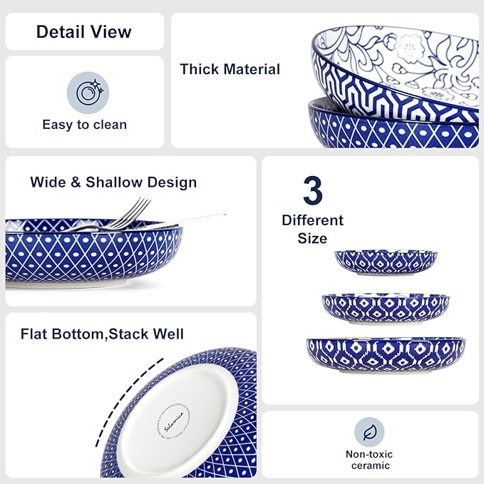 Selamica 9.6" Pasta Bowls Set of 4, 51 OZ Large Salad Bowls, Ceramic Wide and Shallow Serving Bowls for Soup, Dinner, Microwave & Dishwasher Safe, Vintage Blue