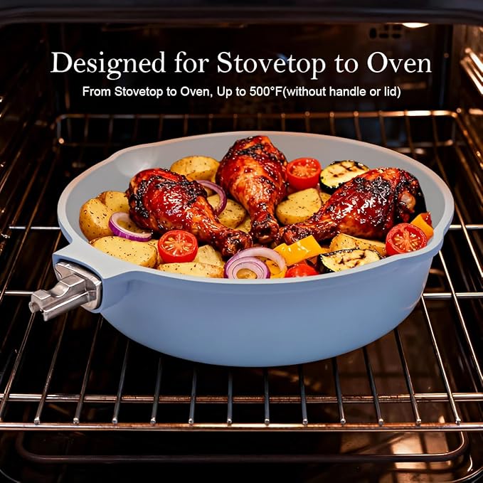 12 Inch Nonstick Saute Pan with Lid, Ceramic Large Deep Frying Pans Skillet Nonstick, 5 Qt Non Stick Sauté Pan, Compatible with All Stoves, Detachable Handle, Oven Safe, PFOA Free, Blue