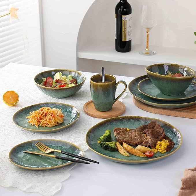 Henten Home Ceramic Soup Bowl Set, 25 oz Cereal Bowls Set of 4, Porcelain Salad Bowls Set, Stoneware Serving Bowls for Kitchen, Microwave& Dishwasher Safe, Reactive Glaze (Green)