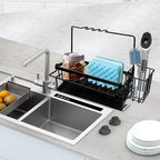 Yazoni Sponge Holder for Kitchen Sink, Rustproof Kitchen Sink Organizer Countertop Holder with High Brush Holder, Multifunctional Soap Dispenser Kitchen Organizers and Storage Essentials