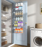 12 Inch Wide Narrow Over The Door Pantry Organizer, Pantry Organization and Storage, 6-Tier Metal Hanging Deep Basket Wall Spice Rack Seasoning Shelves, Home & Kitchen Essentials, White