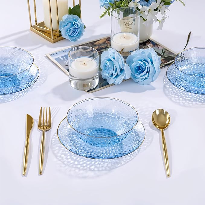 I00000 30 Pack 12 Ounce Blue Plastic Bowls Hammered Clear Bowl with Gold Rimmed, Heavy Duty Disposable Bowl Set,Elegant Small Bowls for Party, Weddings, Catering