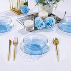 I00000 30 Pack 12 Ounce Blue Plastic Bowls Hammered Clear Bowl with Gold Rimmed, Heavy Duty Disposable Bowl Set,Elegant Small Bowls for Party, Weddings, Catering