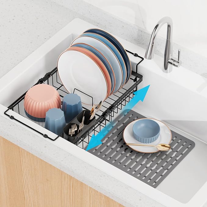 iSPECLE Expandable Dish Drying Rack with Silicone Sink Protector for Kitchen Sink - Heavy Duty Adjustable Over The Sink Dish Drainer, Rust Resistant, Fit for Modern Single & Double Sinks, Black