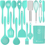 Silicone Kitchen Utensils Set, 16-Piece Silicone Cooking Utensils by Deedro, Heat Resistant Kitchen Tools Set with Holder, Nonstick Spatula Kitchen Gadgets for Cooking & Baking, Green