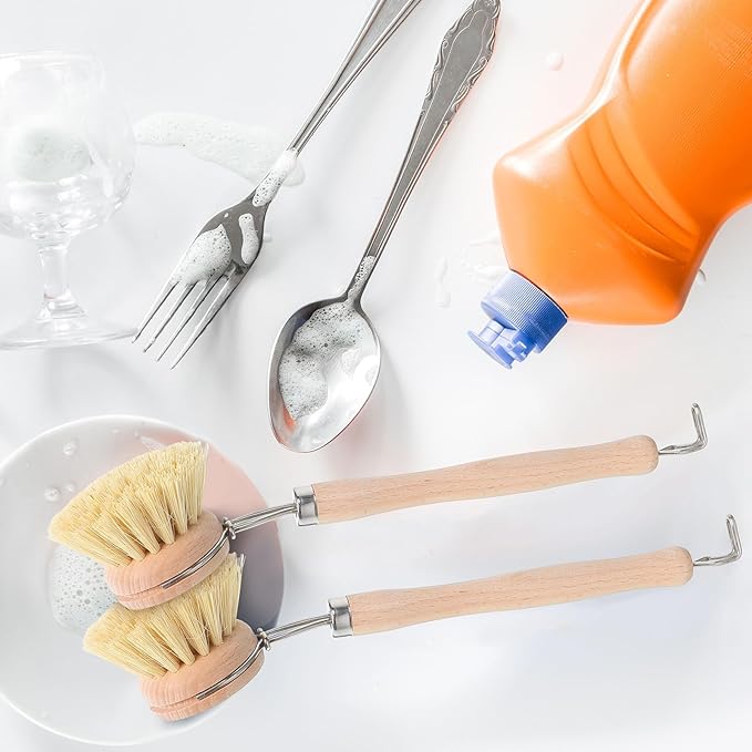 Maxdot 10 Pcs Kitchen Dish Brush with Beechwood Handle Natural Wooden Handle Scrub Brush Fiber Bristles Dish Scrub 2 Inch Replacement Head for Pots Pans Utensils Washing Supplies