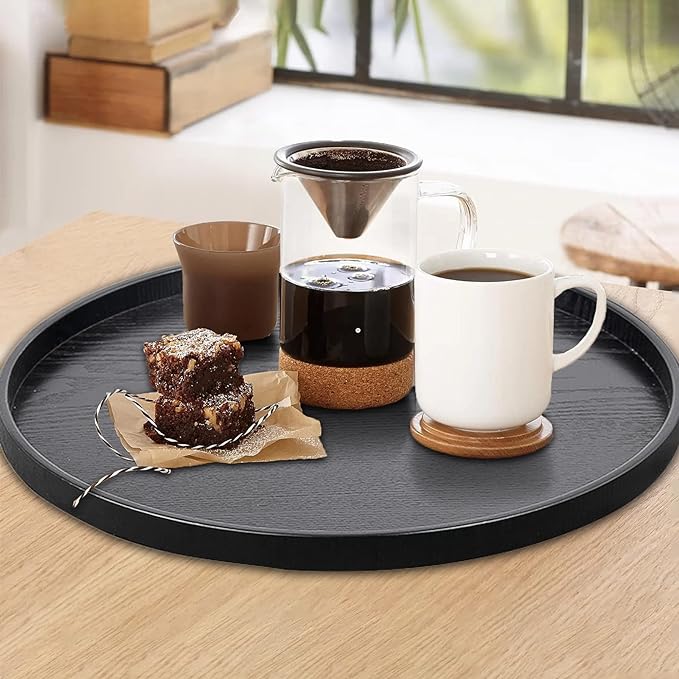 Round Solid Wood Serving Tray Extra Large Tea Coffee Snack Food Meals Serving Plate Non-Slip Kitchen Party Bar Server Ottoman Tray Breakfast Tray with Raised Edges (13inch/33cm) Black