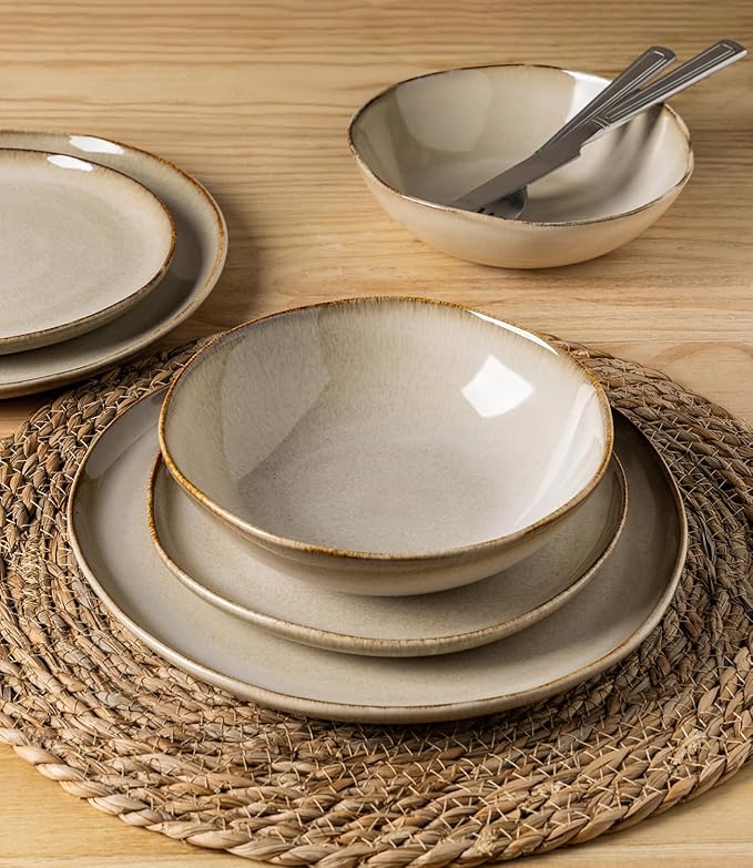 GBHOME Stoneware Dinnerware Sets for 8, 24 Pieces Rustic Ceramic Plates and Bowls Set, Handmade Reactive Glaze Plate Sets, Highly Chip Resistant Dishes, Microwave & Dishwasher Safe, Oatmeal Linen