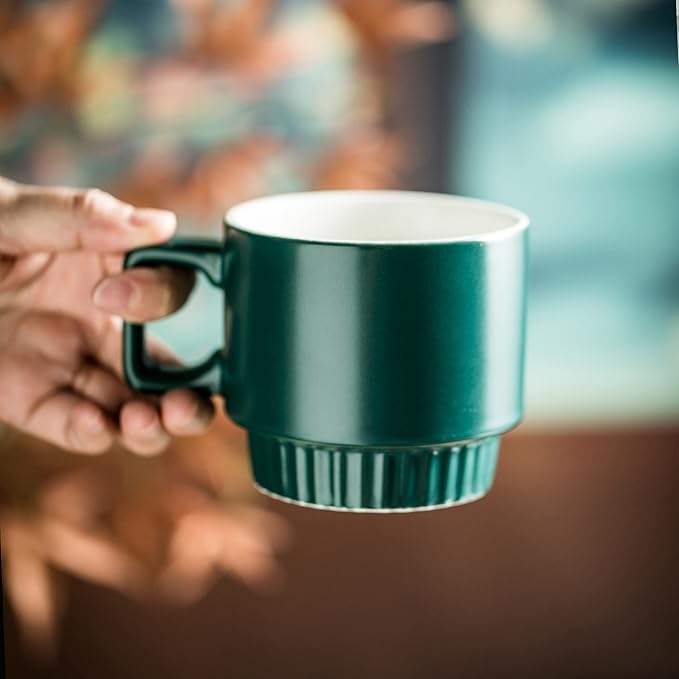 Miamolo Stackable Coffee Mugs Set of 4 with Holder Spoons 11oz Ceramic Cappuccino Cups for Espresso Latte Tea Drinks, Dishwasher & Microwave Safe, Green