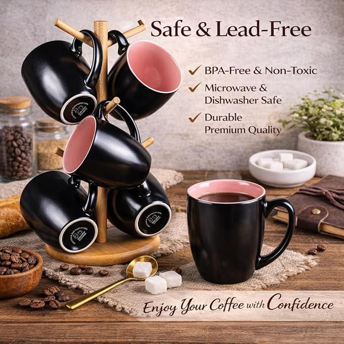 GBhome 12oz Coffee Mugs Set of 6, Large Ceramic Coffee Mugs for Man, Woman, Dad, Mom, Modern Coffee Mugs Set with handle for Tea/Latte/Cappuccino/Milk/Cocoa. Dishwasher&Microwave Safe,Pink