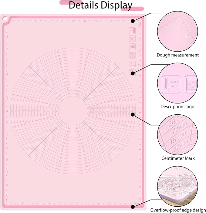 Silicone Baking Mat 32" x 24", Extra Thick Non-stick Pastry Mat with Measurements and Edge Heightening, Food Grade Silicone for Countertop Dough Rolling(With Dough Scraper/Pastry Brush/Cable Tie)
