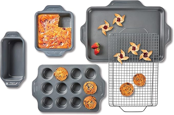 All-Clad Pro-Release Nonstick Bakeware Set 5 Piece Oven Safe 450F Half Sheet, Cookie Sheet, Muffin Pan, Cooling & Baking Rack, Round Cake Pan, Loaf Pan, Baking Pan Grey