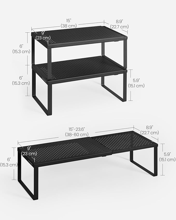 SONGMICS Spice Rack, Expandable Kitchen Countertop Shelf, Small Cupboard Organizer, Metal, Space-Saving Tabletop Shelf, Matte Black UKCS007B01