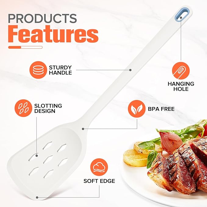 Large Silicone Utensils Set of 7 for Cooking,No Scratch for Nonstick Cookware,Pasta Server,Spaghetti Spoon,Slotted Spoon&Spatula,Solid Spoon&Spatula,Skimmer,Soup Ladle BPA Free Heat Resistant (White)