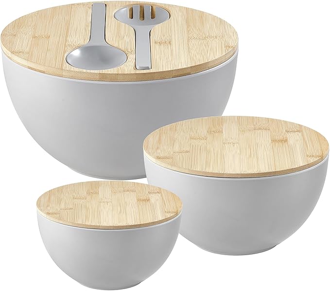 ECOWAY Salad Bowls Set of 3 with Lid & Serving Utensils, Bamboo Fiber Mixing Bowls Set Large Serving Bowls & Storage Set with Bamboo Lid for Salad, Kitchen Eating, Pasta, Popcorn, Chips, Fruit, Grey