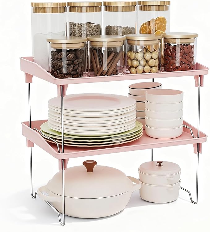 2 Pcs Cabinet Organizer Shelf，Stackable Kitchen Counter Shelves, Spice Rack,Countertop Organizers，Pink Plastic Storage Shelves Rack for Makeup，Bathroom, Cupboard，Desk，Pantry Organization