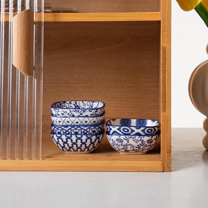 Square Dipping Bowls Set - Mini 2.6 OZ Ceramic Soy Sauce Dishes - 3 inch Small Bowls for Charcuterie, Condiments, Side Dish BBQ, Ramekins Pinch Bowls for Kitchen Prep - Set of 6 - Vintage Blue