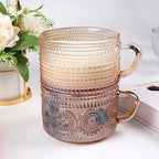 MFACOY Vintage Coffee Mugs Set of 2, 14 oz Glass Tea Cups with Handle, Amber Embossed Glass Cups for Cappuccino, Latte, Cereal, Milk, Hot or Cold Beverages