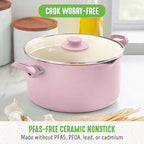 GreenLife 6QT Ceramic Nonstick Stockpot with Glass Straining Lid, PFAS-Free, Dishwasher Safe, Stay-Cool Handles, Oven Safe to 350°F, Wobble-Free Base, Even Heating, Pink