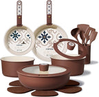 CAROTE 19Pcs Ceramic Cookware Set, Pots and Pans Set Non stick, Non Toxic Cookware Detachable Handle, Kitchen Cooking Set - Induction Cookware, Dishwasher/Oven Safe, PFAS Free, Chocolate