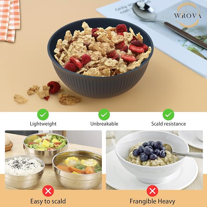 Wrova Wheat Straw Bowl Sets of 8,Unbreakable Cereal Bowl 26 OZ,Microwave and Dishwasher Safe Bowls,Salad Bowl suitable for Cereal,Salad,Snack and Soup. Winter-Pure Black