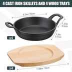 Sliner 4 Sets Mini Cast Iron Skillet Small Cast Iron Plates Skillet with Wooden Base Small Round Pan Fajita Plate Pot for Baking Cooking(6.3 Inches)